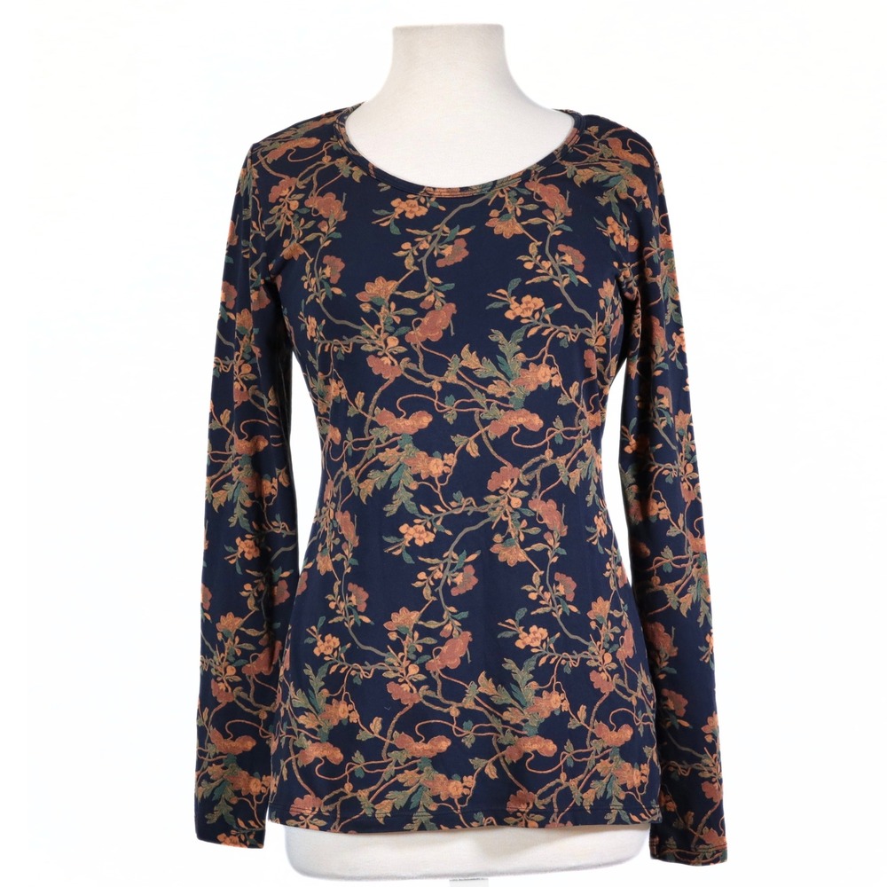 Peruvian Connection Floral Pima Cotton Top Womens Medium M Navy Long Sleeve